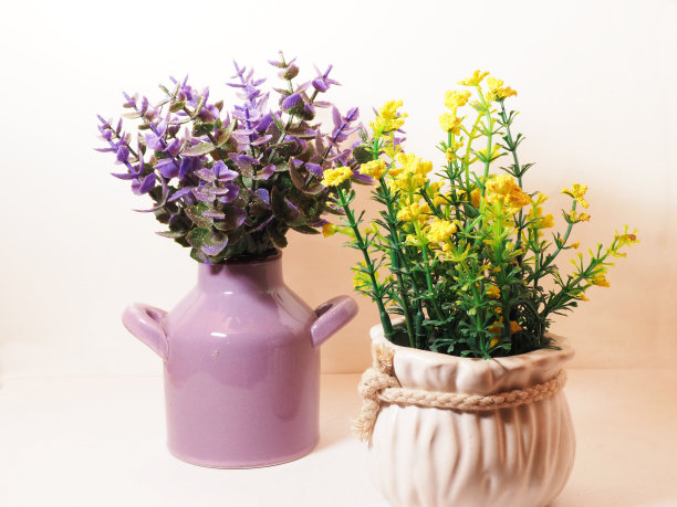 陶瓷花瓶上的人造塑料花图片下载