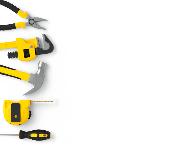 俯视图黄色施工工具维修和安装在白色图片下载