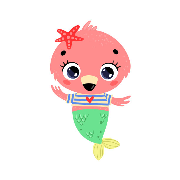 平面矢量插图可爱的卡通火烈鸟美人鱼。夏季热带动物图片下载