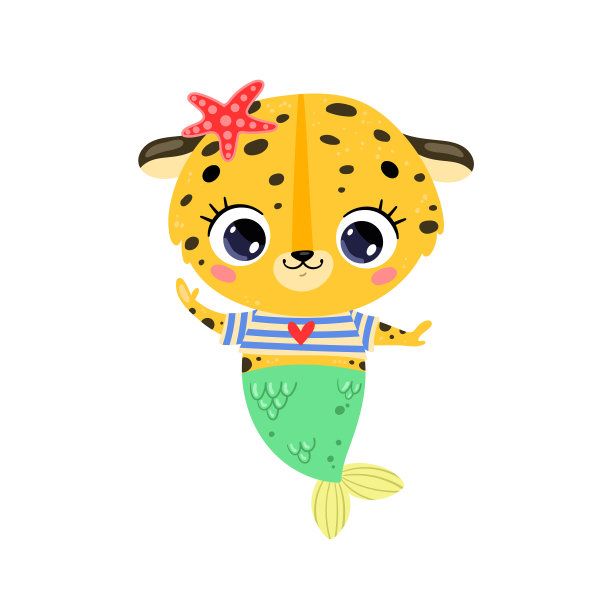 可爱的卡通豹美人鱼的平面矢量插图。夏季热带动物图片下载