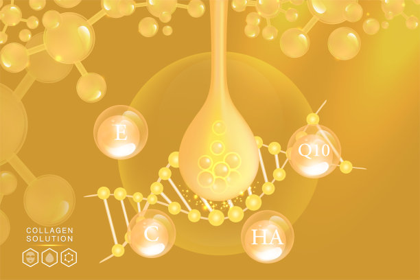 透明质酸皮肤溶液广告，金胶原蛋白血清滴与化妆品广告背景准备使用图片下载