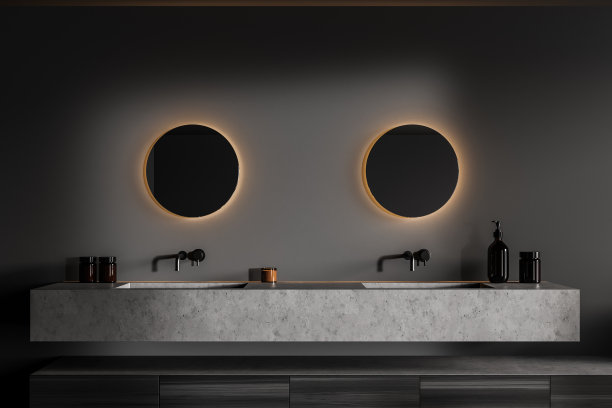 浴室内部有两个混凝土水槽和带背光的镜子图片下载