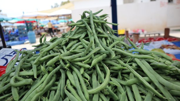 一组新鲜的豆子在市场的摊位上图片下载