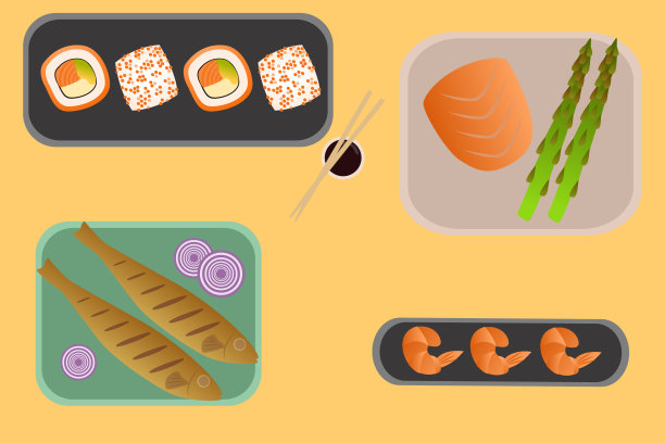 俯视海鲜寿司盘，鲑鱼片，鱼和虾。图片下载