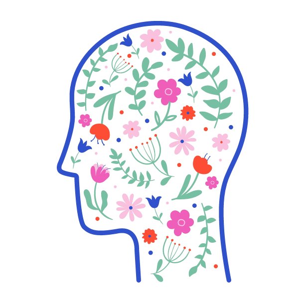 心理健康、心理治疗、医学、抑郁症治疗理念。抽象的人脸轮廓里面有花。矢量插图在手绘风格。心理学和冥想图形图标图片下载
