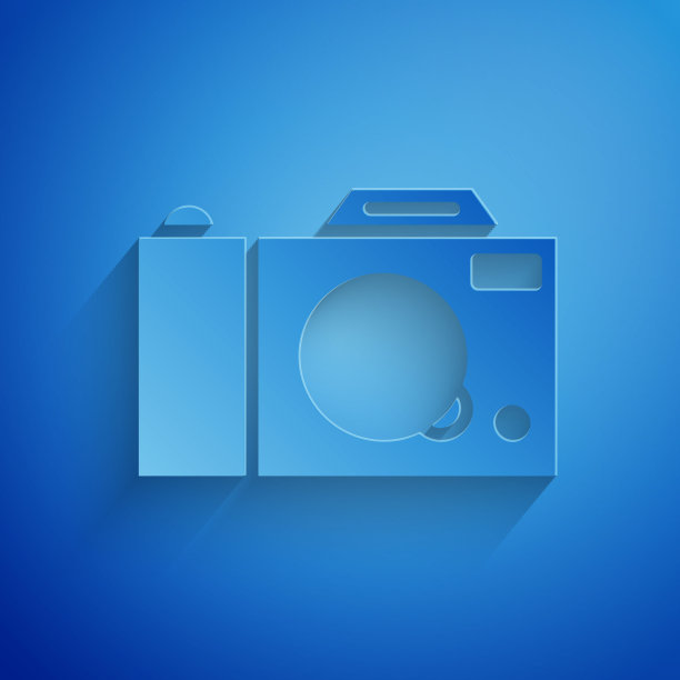 剪纸照片相机图标孤立在蓝色背景。与相机图标。纸艺术风格。向量图片下载