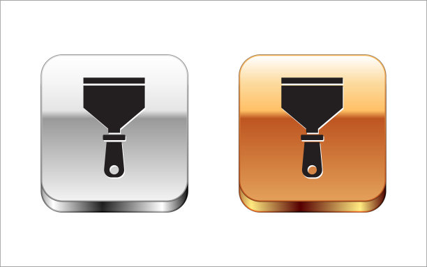 黑色油灰刀图标孤立在白色背景上。抹刀修理工具。填缝或涂漆工具。金银平方按钮。向量图片下载