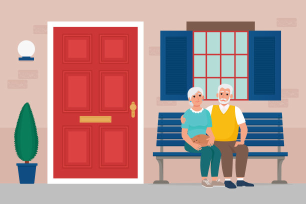 一对可爱的老夫妇坐在房子附近的长椅上。养老院，时间退休，呆在家里的概念。矢量插图在平面风格图片下载
