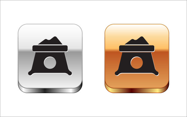 黑色袋子面粉图标孤立在白色背景。金银平方按钮。向量图片下载