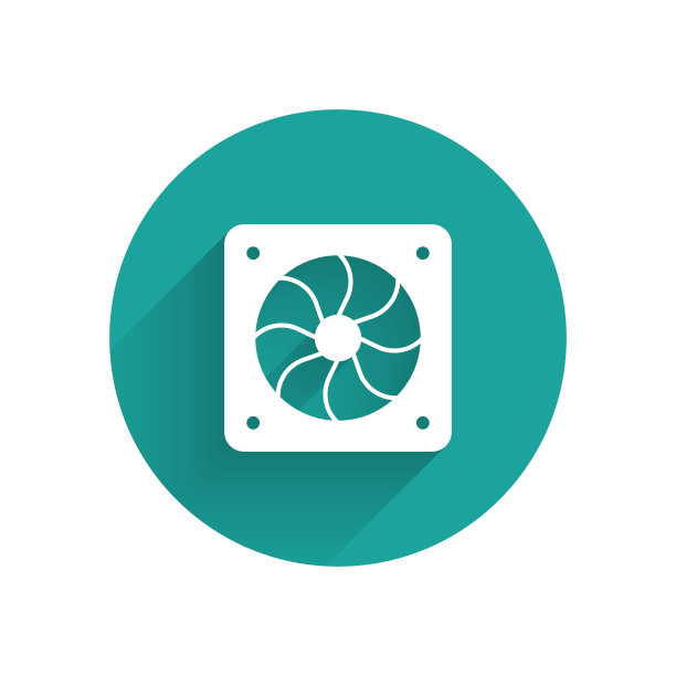 白色电脑冷却器图标与长阴影背景隔离。PC硬件的球迷。绿色圆圈按钮。向量图片下载
