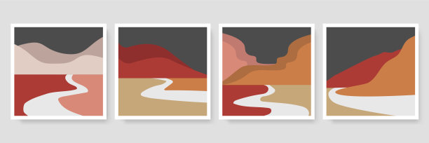 套四幅抽象美学的中世纪现代景观当代波西米亚海报封面模板。最小和自然插图的艺术印刷，明信片，墙纸，墙壁艺术图片下载