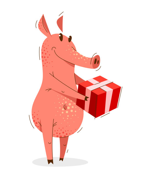 搞笑卡通猪抱礼物盒矢量插图，可爱和快乐的猪与生日礼物动物人物绘图。图片下载