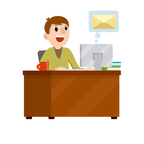在信封里收到电子邮件。男孩聊天。卡通平面插图-年轻男子坐在桌子旁，打字信息在社交网络上的朋友。工作的自由。图片下载