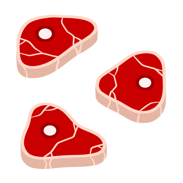 一块生肉。布朗油炸面。卡通平面插图。切半块牛肉。厨房、烧烤、牛排和美味佳肴的元素。一套带有条纹和脂肪的新鲜红色食物图片下载