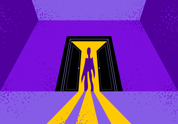 噩梦怪物进入黑暗的房间卧室矢量时尚插图，有趣的卡通鬼生物吓人看里面，恐怖的主题画。图片下载