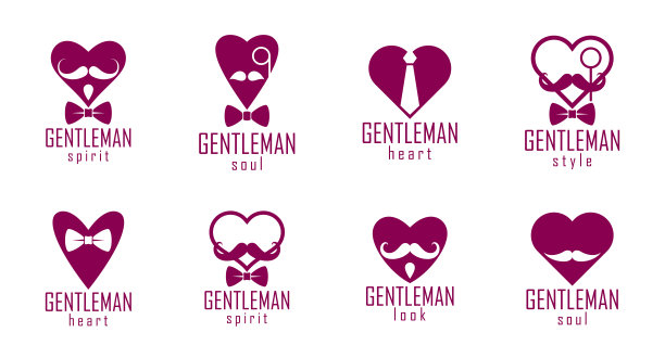 男士心形矢量图标或标志集，心形形状与领带、胡子和眼镜符号集合，男人俱乐部，男性风格和时尚。图片下载