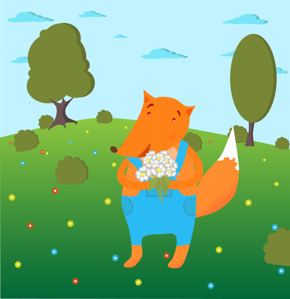 方形儿童狐狸与花图片下载