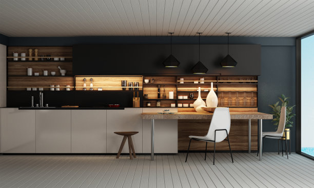 现代餐厅室内设计装饰及餐具室墙面背景，3d渲染图片下载