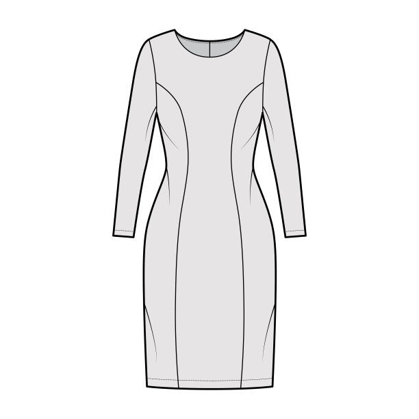 连衣裙公主线技术时尚插图与长袖，合身的身体，长及膝盖的铅笔裙。平的服装图片下载