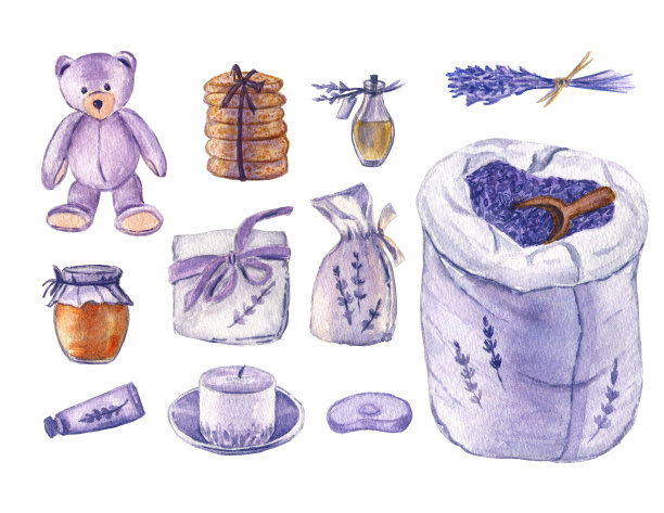一套薰衣草味和薰衣草色的可爱物品:泰迪熊、饼干、薰衣草花、蜂蜜罐、餐巾、香袋、肥皂、蜡烛、护手霜和精油。水彩剪辑艺术上的白色孤立的背景。图片下载