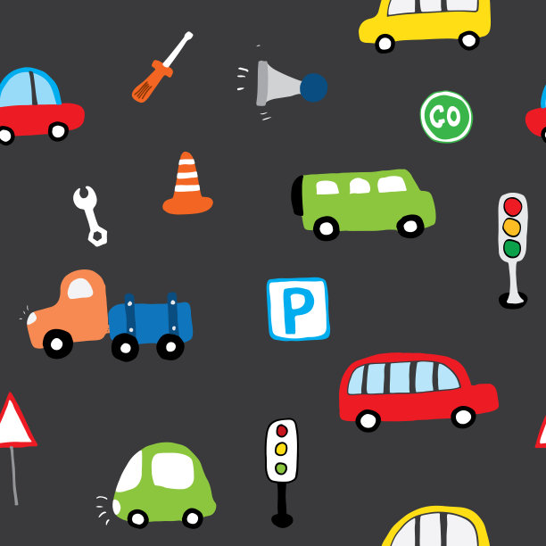 可爱的汽车无缝图案，卡通交通涂鸦背景，矢量插图图片下载