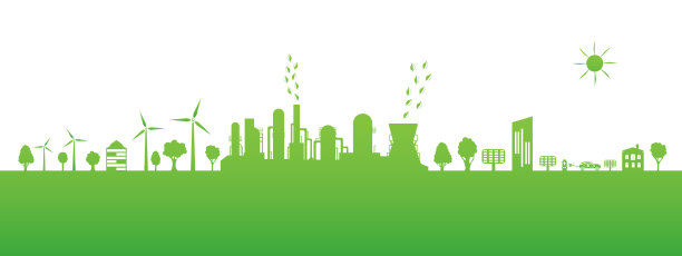 环境友好型生产。生态城市剪影。利用风能和太阳能板的绿色能源。环境保护的概念。图片下载