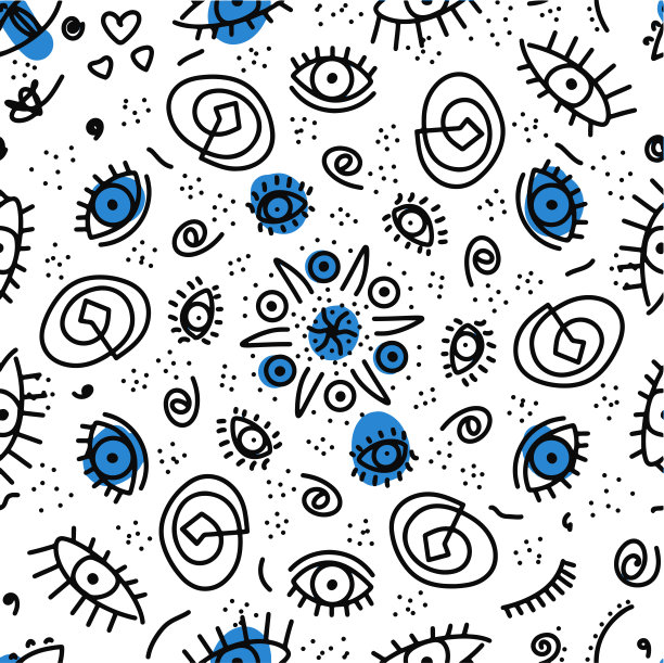 无缝图案的护身符从邪恶的眼睛，眼睛从邪恶的眼睛，眼睛图标，集合波西米亚元素，彩色斑点和涂鸦，徒手绘画，线性艺术，孤立的背景图片下载