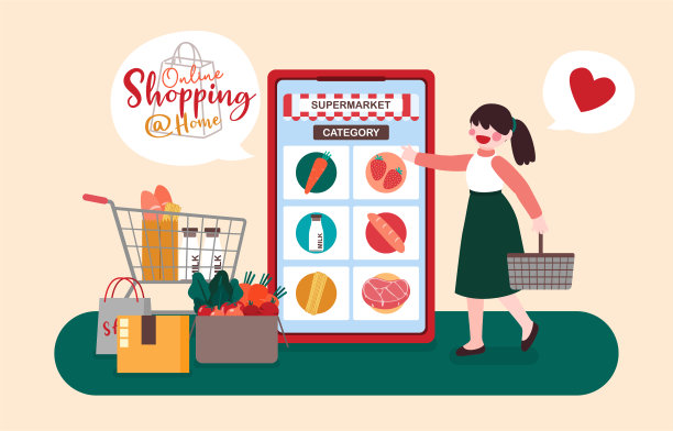 女孩购物网上从智能手机应用在家里，矢量，插图图片下载