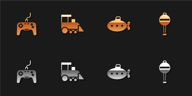 设置手柄玩具、火车玩具、潜艇玩具和拨浪鼓图片下载