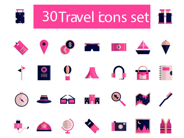 30旅行图标设置在粉红色和黑色图片下载