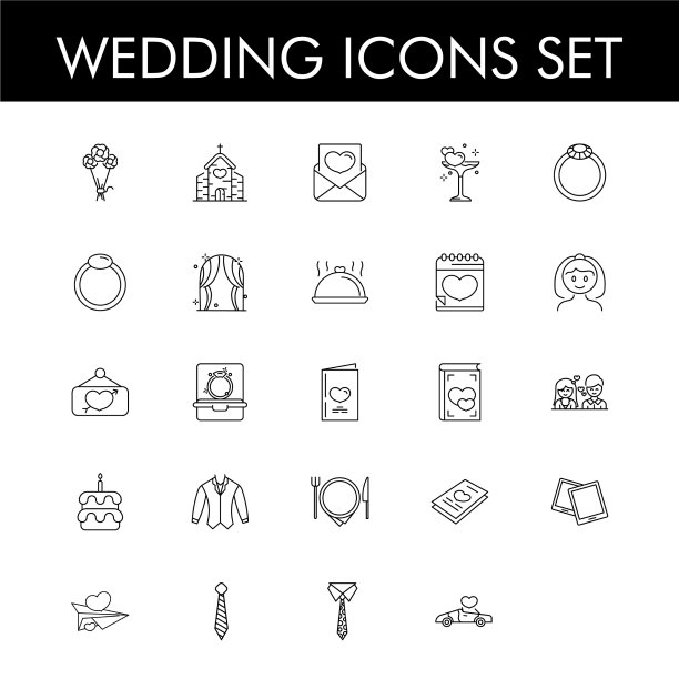 平面风格的婚礼图标收集在黑色线图片下载