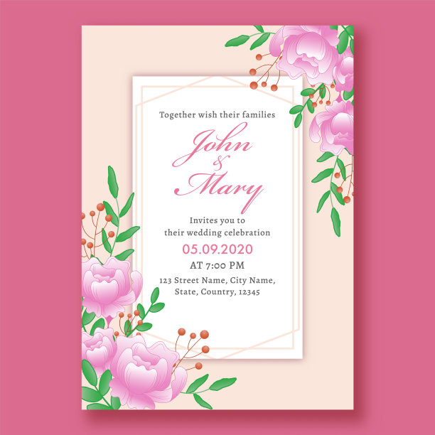 美丽的鲜花婚礼邀请卡设计图片下载