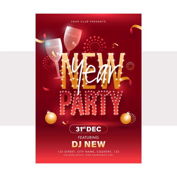 新年派对传单设计与酒杯上图片下载