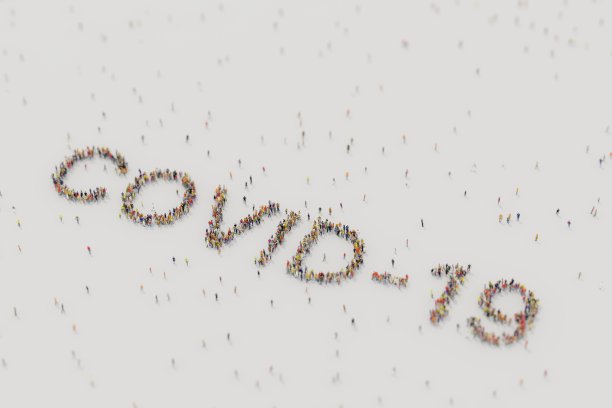 人们在白色背景上形成“COVID-19”一词。社交距离，传染风险，概念。数字3 d渲染。图片下载