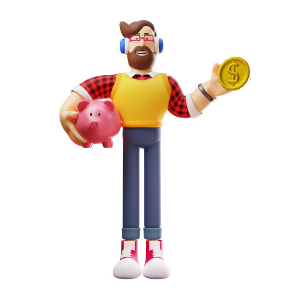3D男性卡通图片与硬币和粉红色猪储蓄图片下载