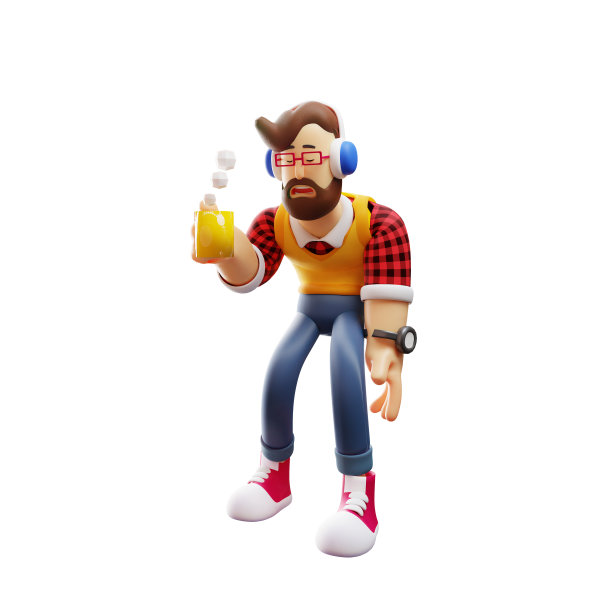 一个昏昏欲睡的3D男性卡通人物和一杯咖啡图片下载