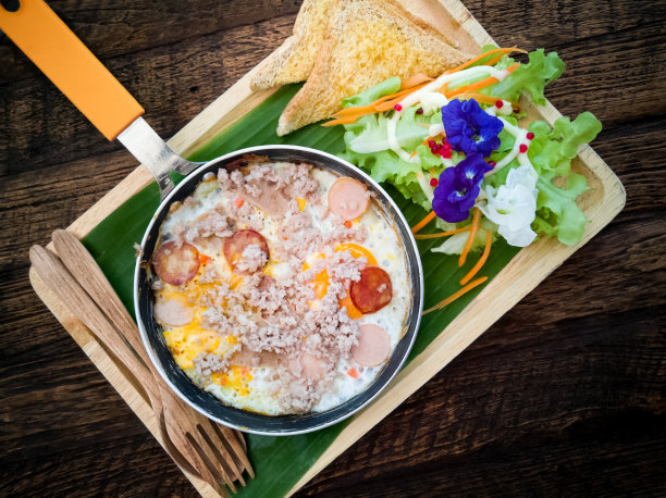 早餐菜单上的鸡蛋平底锅。图片下载