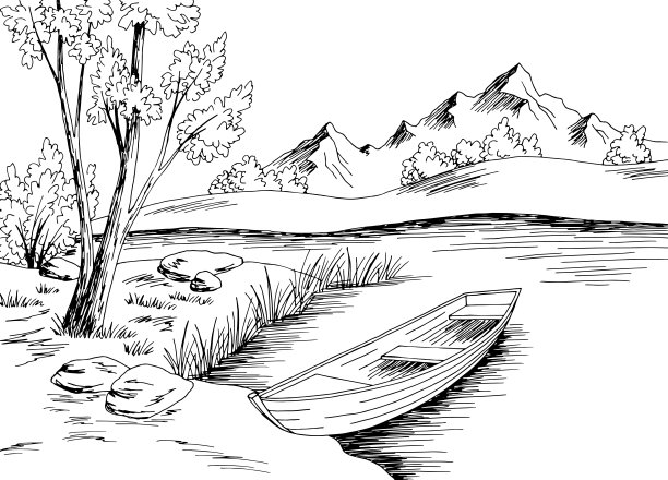 河船图形黑白景观素描插图矢量图片下载