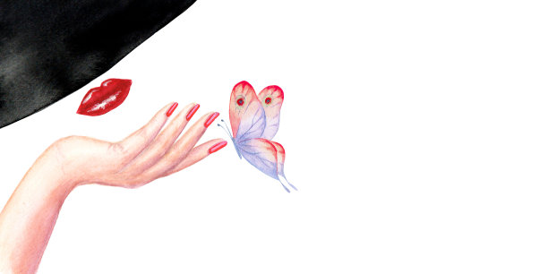 漂亮的女人，红唇，黑帽子，手用红色指甲图片下载