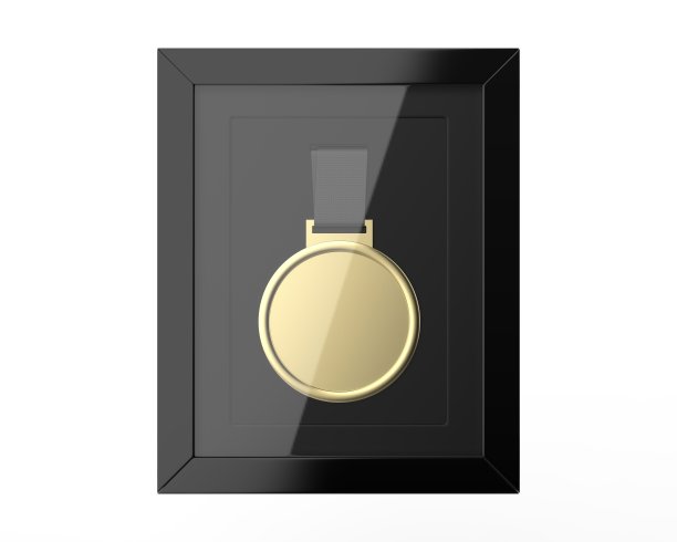 单奖章显示阴影盒的模拟模板，3d渲染插图。图片下载