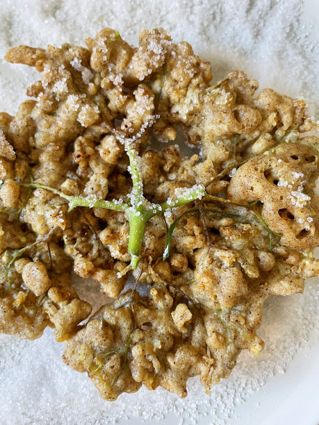在装有白砂糖、油炸可食用的花的盘子上烹饪的破旧接骨木花的图片，升高的观点图片下载