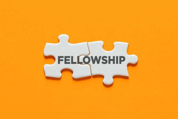 用单词fellowship连接拼图。合作、伙伴、团结、支持图片下载