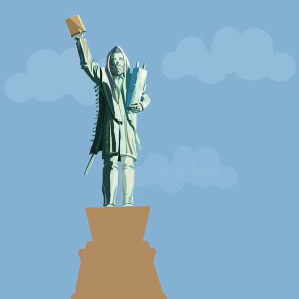 这幅画描绘的是一个极端正统的犹太教徒，手里拿着托利特和泰菲林，手里拿着Torah卷轴和一本圣书。这个人物是作为雕像建造的。以天空为背景。向量图片下载