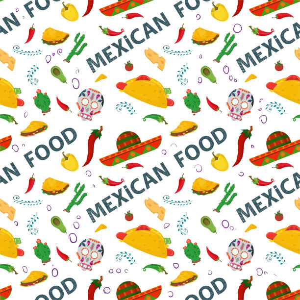 扁平无尽的无缝图案上的主题墨西哥食物红和绿辣椒辣椒和宽边帽在白色的背景图片下载