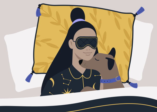 一个年轻的女性角色抱着他们的小狗在床上，周末时间，豪华的床上用品有图案和流苏图片下载