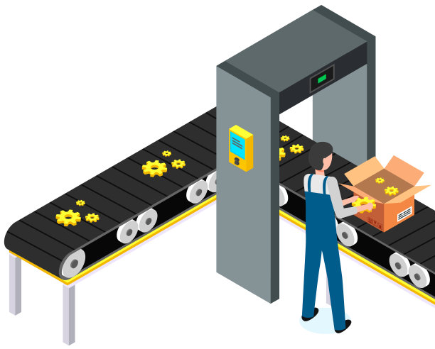 男人把包裹放进纸板箱里。带齿轮的输送机，零件通过金属探测器图片下载