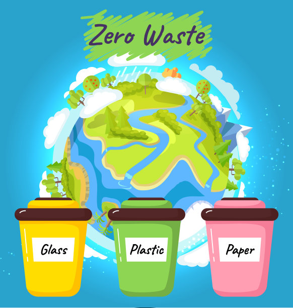 回收或重用。垃圾分类。不同颜色的回收箱，有玻璃、塑料和纸张图片下载