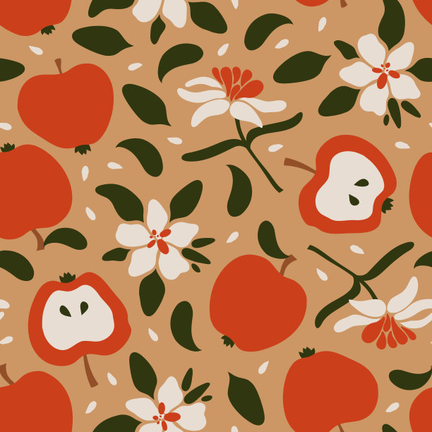 无缝图案，苹果，整个水果和一半，花。米色背景上的红色水果。表面，织物，壁纸的设计。矢量插图。图片下载