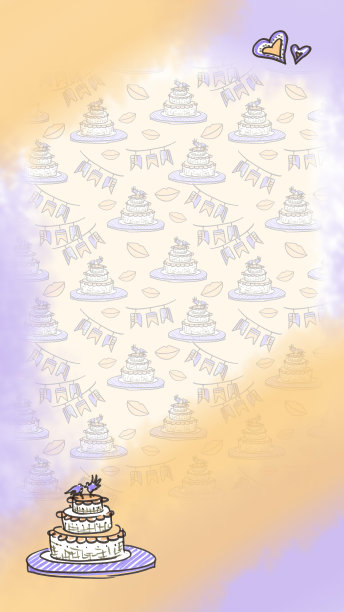 故事背景的婚礼庆典在线艺术风格的黄紫色背景。用毡笔画的涂鸦。蛋糕，心形符号，嘴唇和复选框的插图祝贺婚礼的日子。图片下载