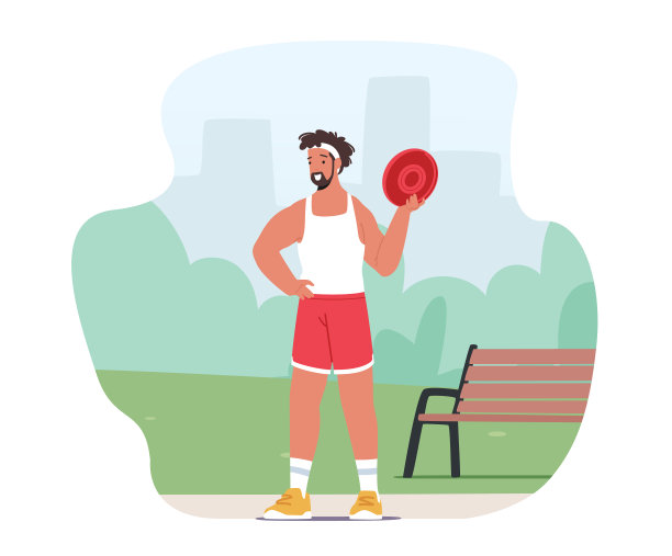 夏日公园中，运动服装中的男性角色拿着飞盘。户外训练或比赛，运动图片下载